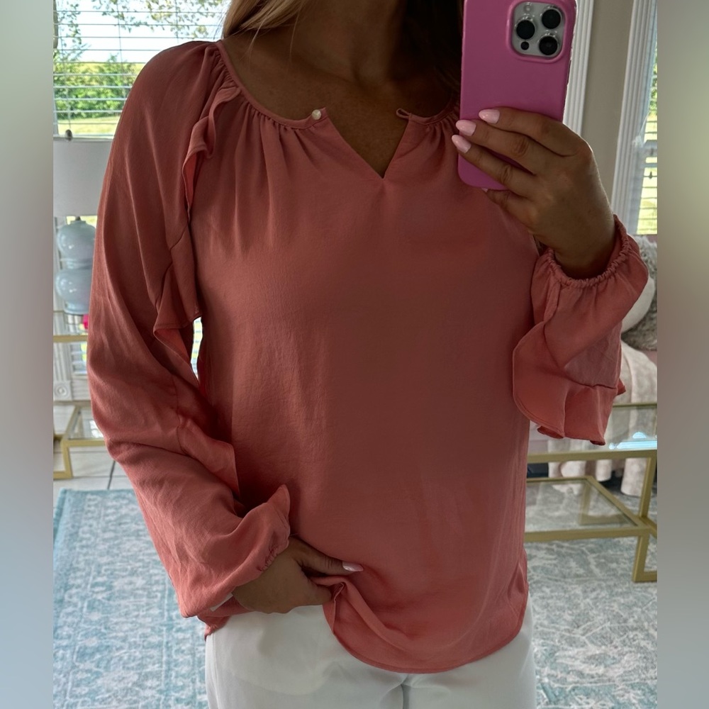 Chaps Ruffle Long Balloon Sleeve Bouse Top Womens S Petite